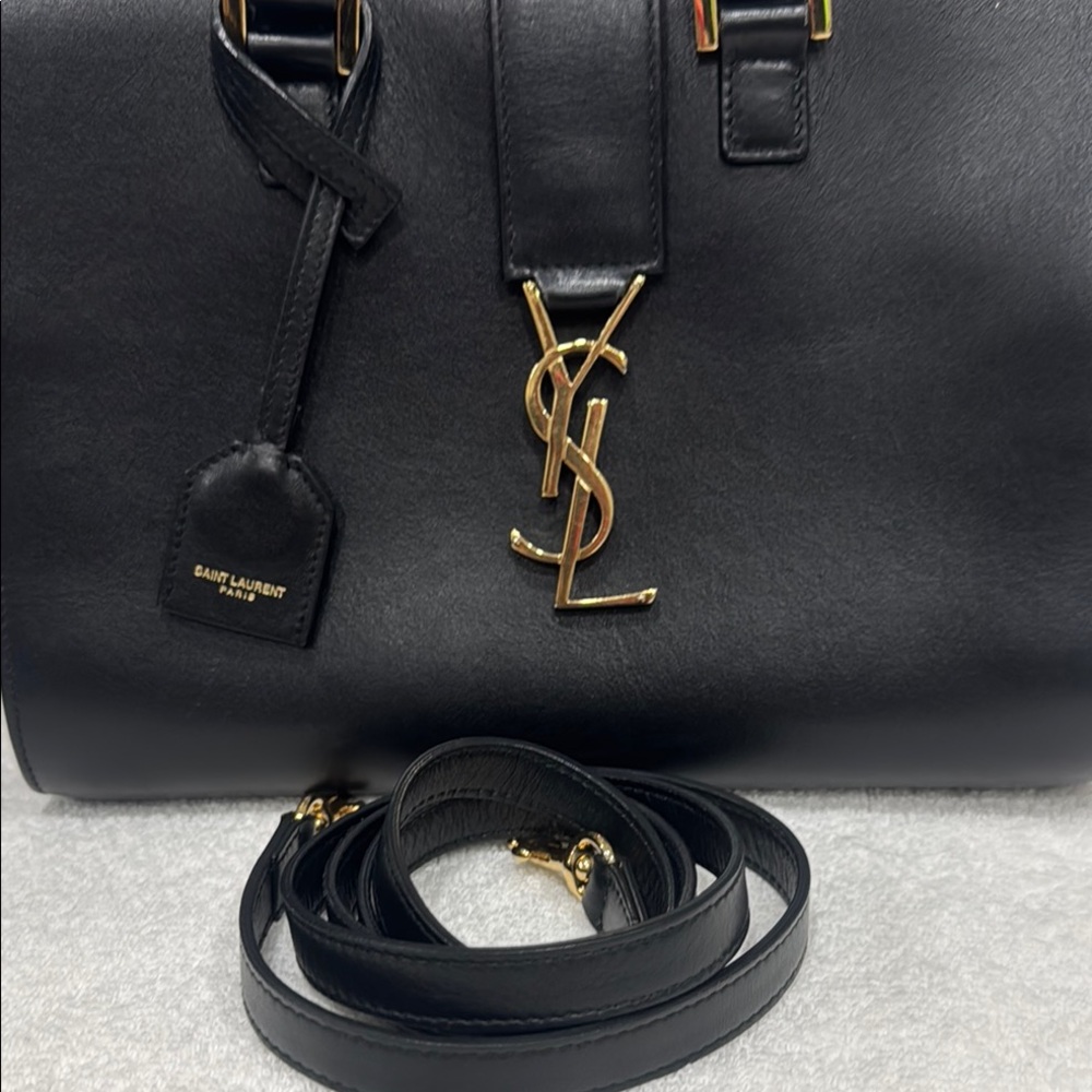 Saint Laurent Black Leather Tote with Gold Logo - Picture 9 of 9